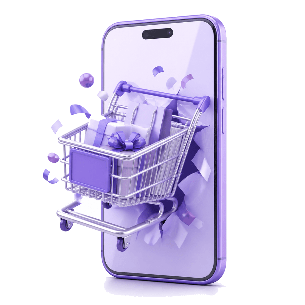 3D shopping cart emerging from a smartphone