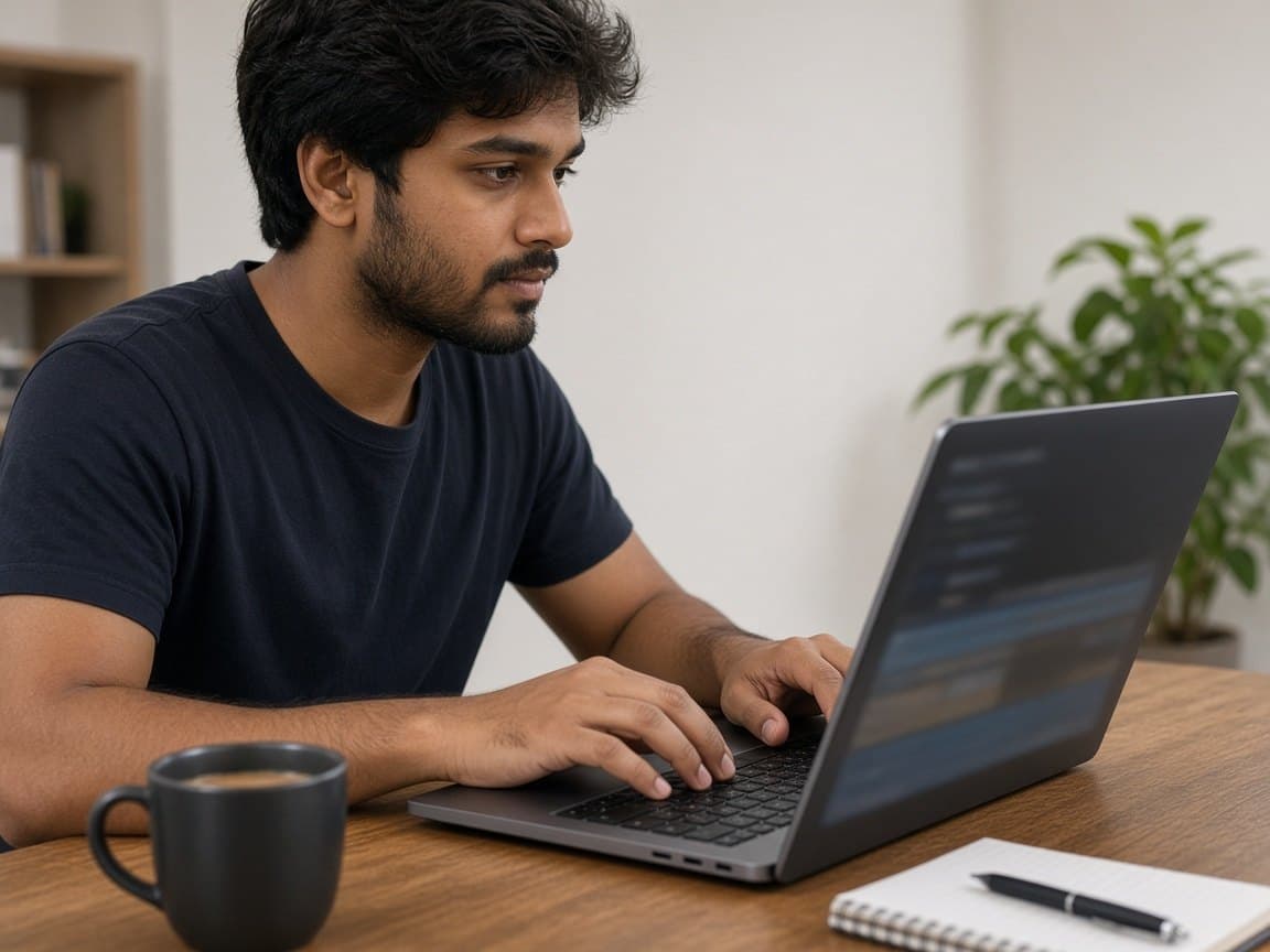 Engineer focused on a laptop in the studio