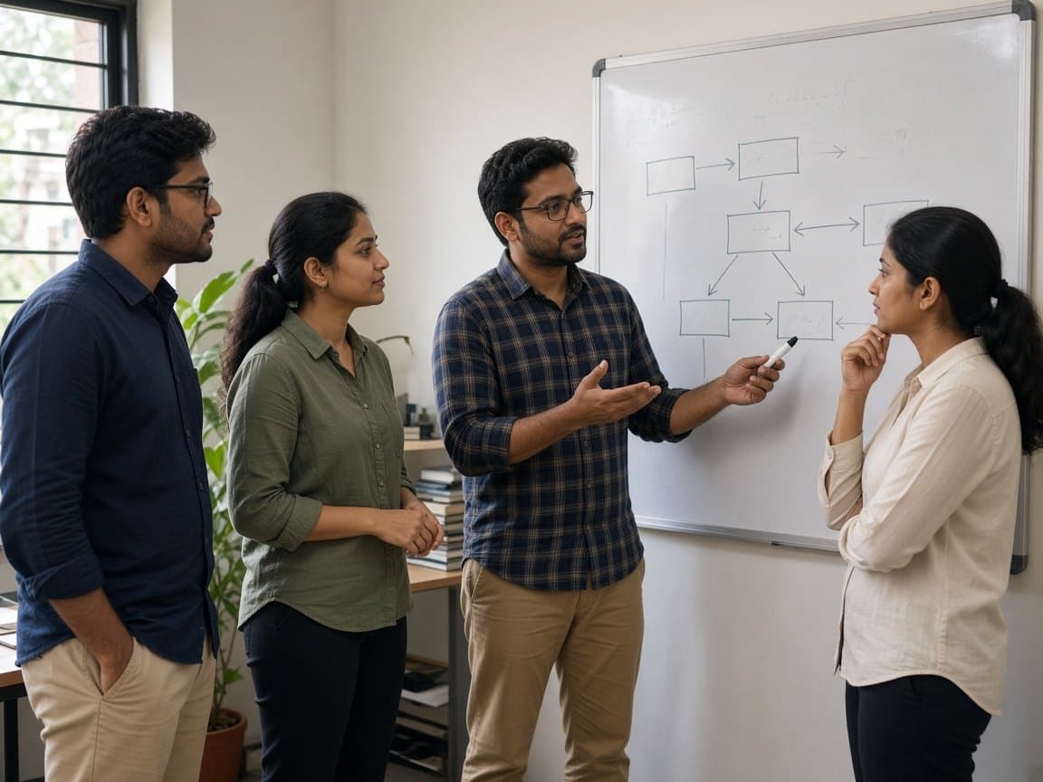 Team discussing a product flow at a whiteboard