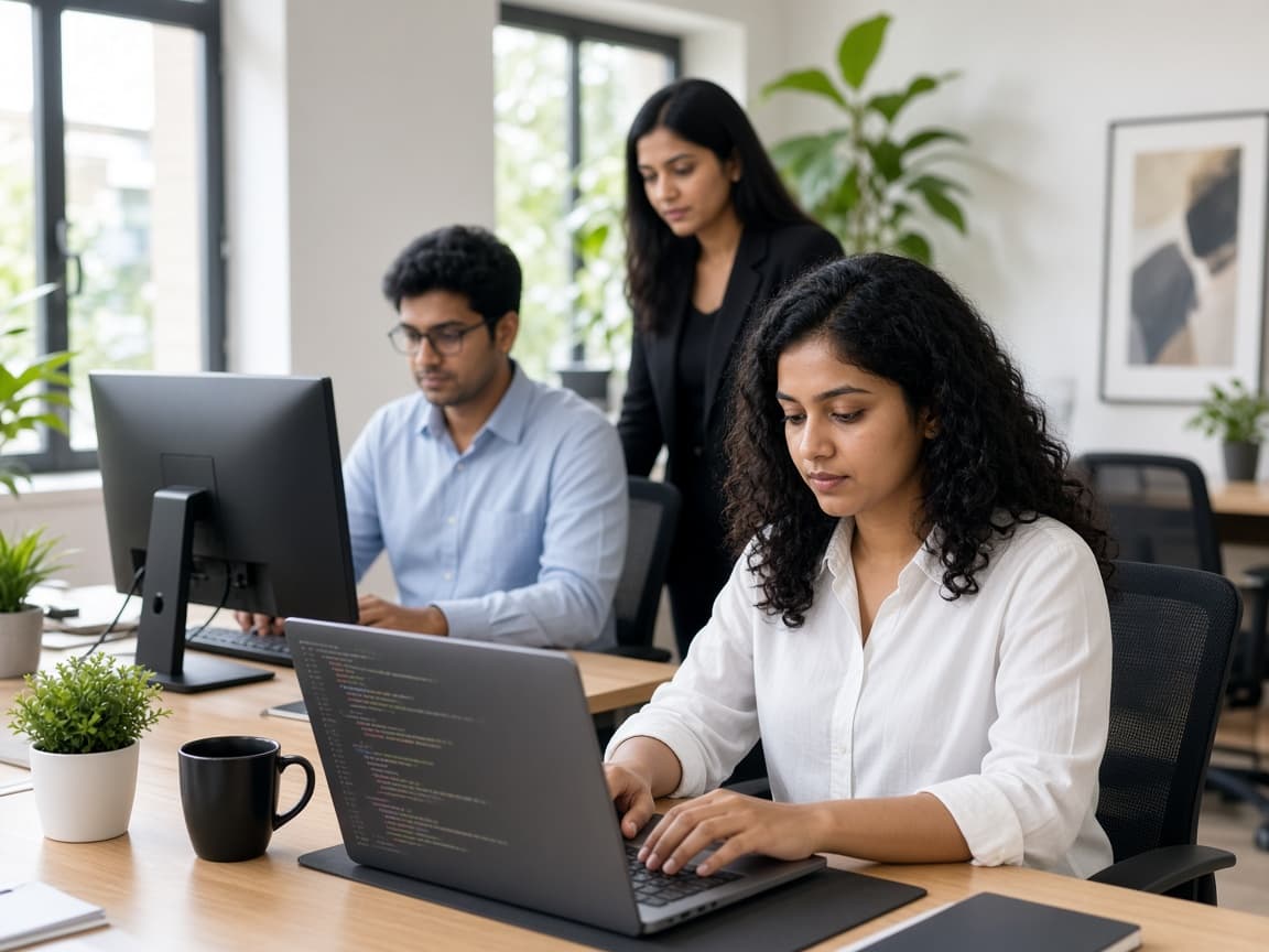 Indian developers pairing on a product in the Raipur studio