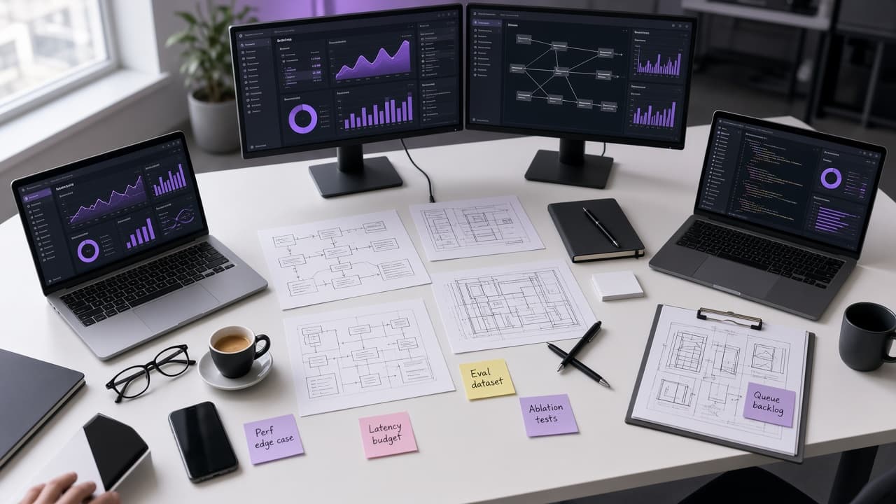 Wide view of a DeveloperBox product studio desk with dashboards, diagrams and devices