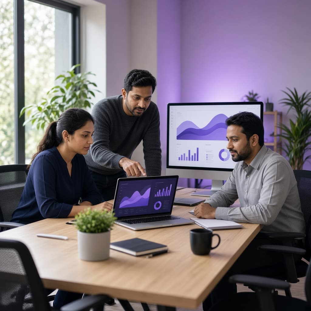 DeveloperBox engineers collaborating in the studio over a product dashboard