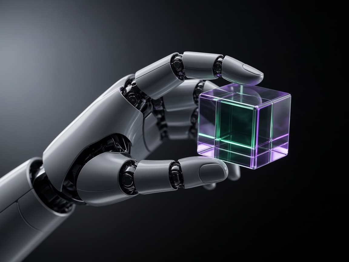 Robotic hand holding a glass cube