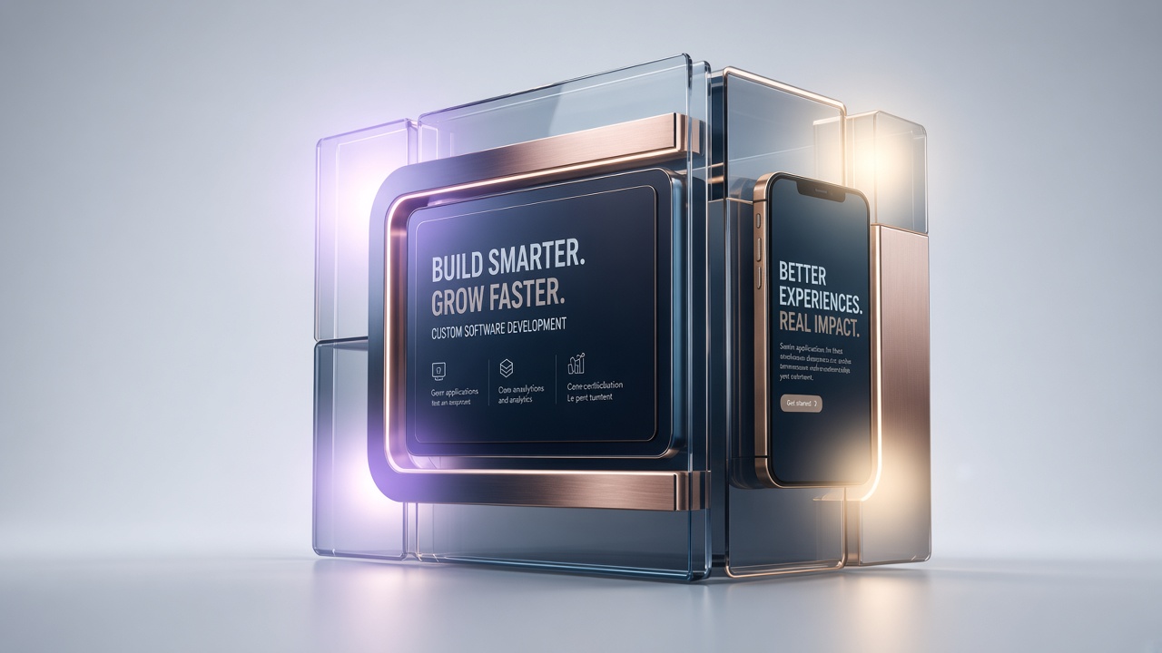 Glass and copper 3D product sculpture with tablet and phone screens